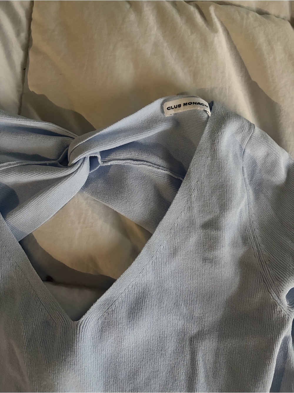Club Monaco Light Blue V-Neck Knit Top with Twist Detail